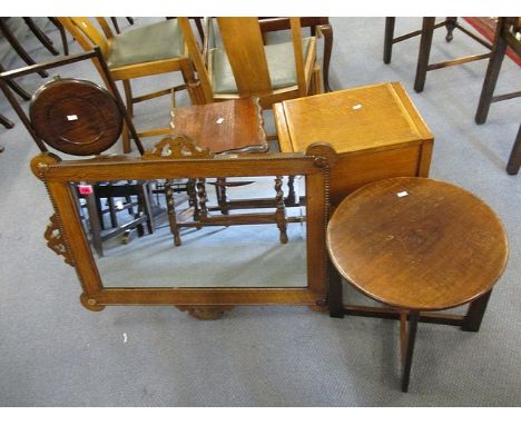 Mixed furniture to include an oak mirror, a sewing cabinet (containing vintage cotton reels, hat pins, pin cushions and small