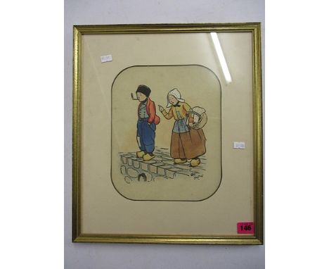 After Cecil Aldin -  a Dutch Boy and Girl standing on a quayside, print, mounted and glazed in a gilt frame, 10 1/2 x 8 1/2