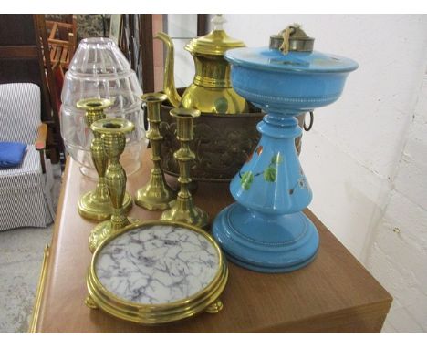 A brass Russian tea urn and mixed lighting to include a Victorian painted oil lamp, together with mixed metal ware to include