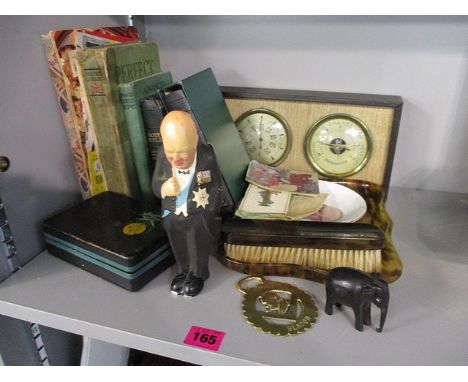 A tortoiseshell style dressing table tray and brush, vintage cookery books and ephemera and a lacquered box containing miscel