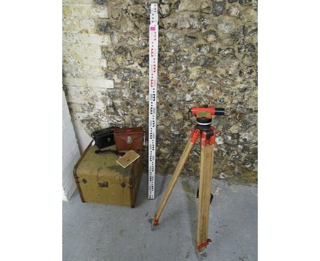 A BNL Ertel surveyor's level in case with wooden tripod and measuring rule, along with a leather cased set of twenty five Joh