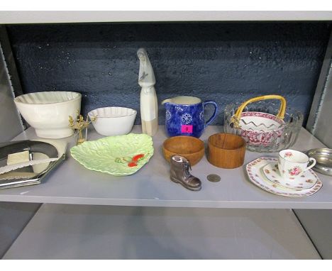 A mixed lot to include a Doulton stoneware jug, an Old Hall stainless steel dish, an early 20th century Indian carved ivory l