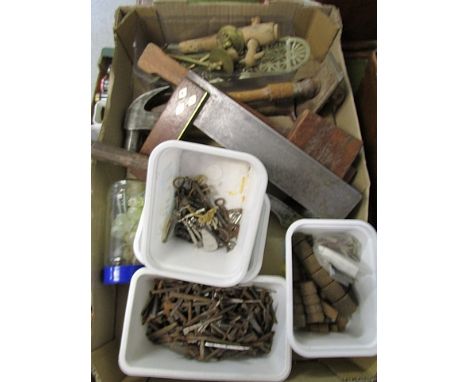 A mixed lot of tools and hardware items to include nails, screws, and a wooden level, along with a model boat, and a car roof