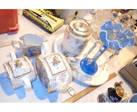 Sadler three piece tea set with single blue lustre, ceramic biscuit barrel etc 