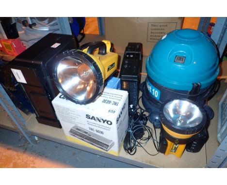 Tray of electrical items including three halogen torches, Xbox, printer, Sanyo transcribe system and Vale T10 vacuum (no tool
