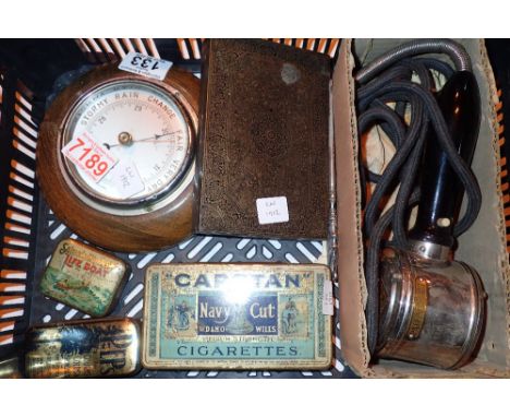 Collectable vintage tins, a barometer, silver handled button hook and vintage personal massager
