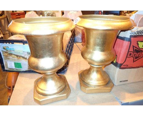 Two brass effect ceramic garden urns 
