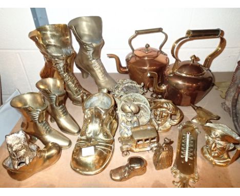 Part shelf of decorative brass including boots, photo frames etc 