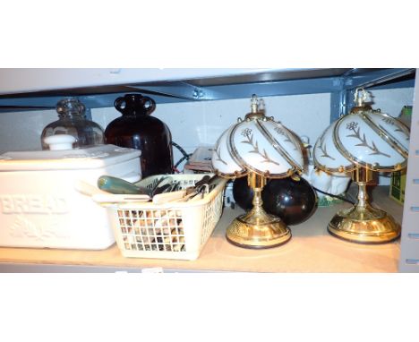 Mixed shelf of kitchen items to including EPNS cutlery and two table lamps  CONDITION REPORT: All electrical items in this lo