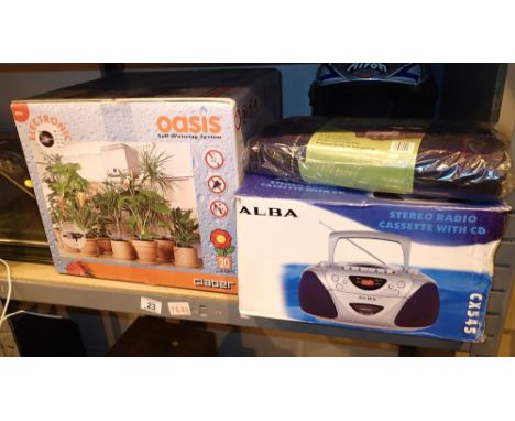 Mixed items including an Oasis plant watering system, CD player, picnic box, motorcycle helmet etc  CONDITION REPORT: All ele