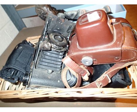 Vintage cameras, binoculars, compass etc 