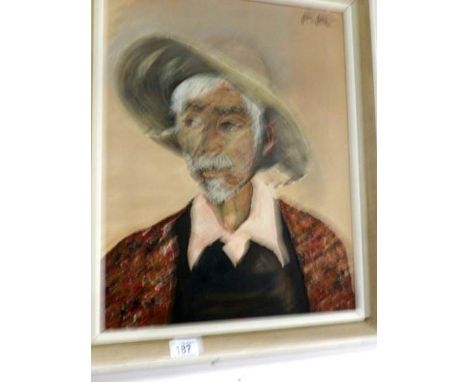 An oil on board portrait of an old gentleman signed Joyce Jones 1979, image 49 x 39cm, frame 59 x 48cm