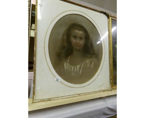 An oval pastel portrait of a young girl, frame a/f, image 54 x 46cm, frame 71 x 64cm