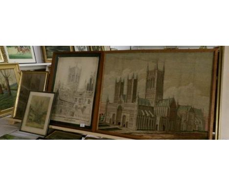 4 framed and glazed studies of Lincoln cathedral including extremely good tapestry and a Feartherstone Robson Example