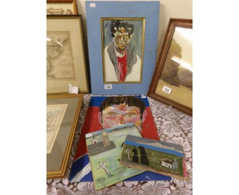 4 modern abstract oils on board Irish paitnings including portrait of Brian Maguire