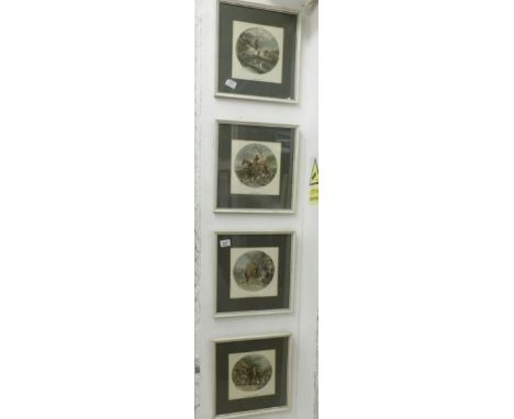 A set of 4 hunting prints by William Joseph Shayer, images 17cm diameter, frames 35 x 35cm