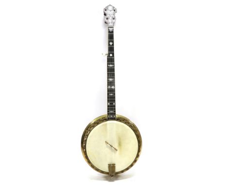 John Grey & Sons Banjo five strings, mother of pearl decorative inlay to headstock and fingerboard, 11'' head, brass shell