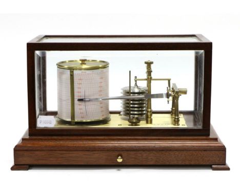 Sewills (Liverpool) Modern Barograph with eight vacuum sections and brass frame, in stained wood case with bevelled glass and