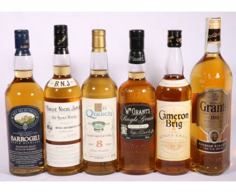CAMERON BRIG pure single grain scotch whisky 70cl 40% vol, BARROGILL Highland blended malt scotch whisky 70cl 40% vol, AN QUA