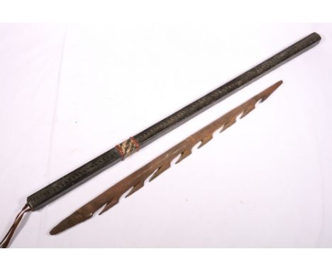 Club or baton of square section, leather covered with a leather carrying strap, decorative woven straw and cane band, 71cm, a