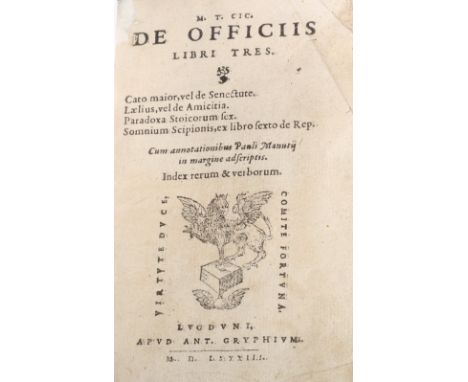 Cicero, De Officiis, Lugduni, 1583, vellum cover, inscription to front, bought at Verona by Mrs Anstruther and given by her t