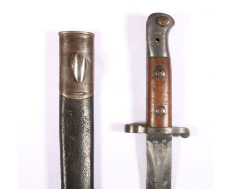 British 1903 pattern bayonet, the double edged blade with spear point marked to the ricasso with ER cypher (Edward VII) and 1