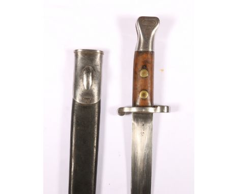 British sword bayonet pattern 1888 MK1 having medial ribbed blade coming to a spear point, the ricasso stamped crowned VR cyp