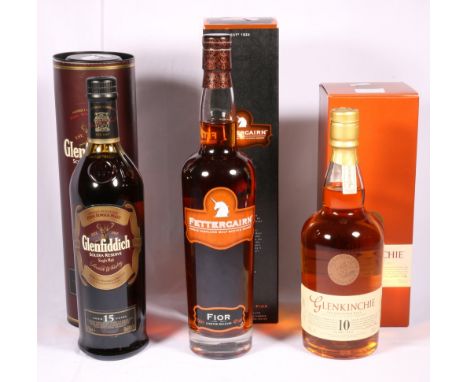 GLENKINCHIE 10 year old Lowland single malt scotch whisky 70cl 43% vol boxed, GLENFIDDICH 15 year old Solera reserve single m