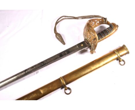 Victorian Scottish field officers sword, the fullered blade with etched designs, crowned UK cypher, and Armstrong crest (VI E