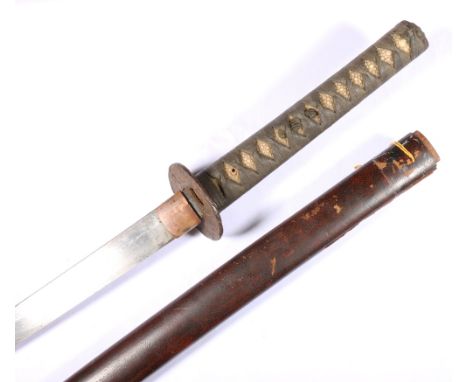 Early 20th century Japanese Katana having cast medal tsuba and leather bound fish skin grip, five character signature to the 