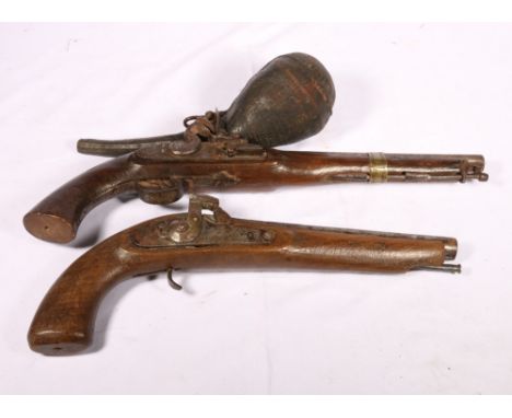 Two 20th century Arab made pistols, one flintlock, the other percussion cup, also a leather powder flask CONDITION REPORT: Pe