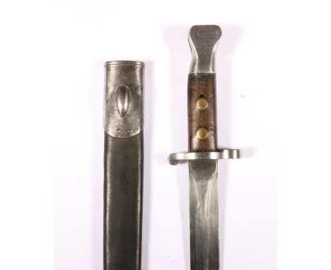 British sword bayonet pattern 1888 MK1 having medial ribbed blade coming to a spear point, the ricasso stamped crowned VR cyp