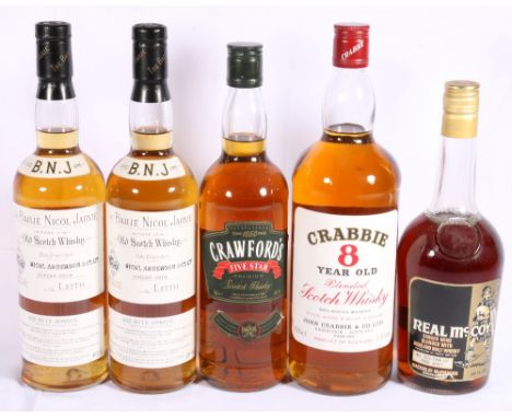 Five bottles including CRABBIE 8 year old blended scotch whisky 1.13 litre 40% vol, two bottles of BAILIE NICOL JARVIE BNJ bl