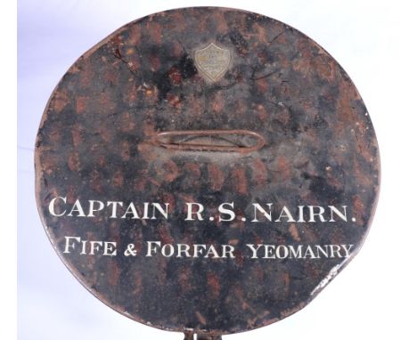 Hawkes and Co of London enamelled metal hat box named for Captain R S Nairn of Fife and Forfar Yeomanry, 28cm diameter