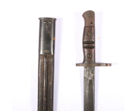 USA sword bayonet M1917 having deep fullered blade with ricasso stamped 1917 and Remington, wood grip, complete with scabbard