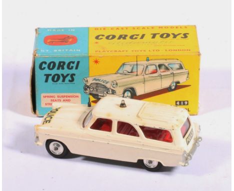Corgi Toys 419 Ford Zephyr motorway patrol car cream body, Police with roof light and small ariel boxed, model F with rust sp