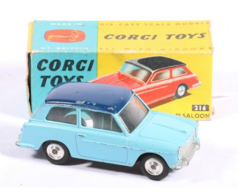 Corgi Toys 216 Austin A40 saloon light blue body with dark blue roof, boxed, model G, some rust spotting to underside, box F/