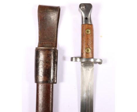 British sword bayonet pattern 1888 MKII having medial ribbed blade coming to a spear point, the ricasso stamped crowned VR cy