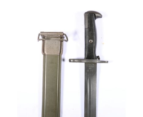 USA knife bayonet M1942 having fullered blade with ricasso stamped UFH (Union Fork & Hoe Company) US 1942, ridged grips, comp