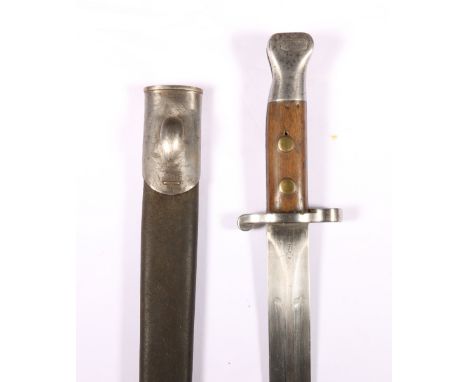 British sword bayonet pattern 1888 MK1 having medial ribbed blade coming to a spear point, the ricasso stamped crowned VR cyp