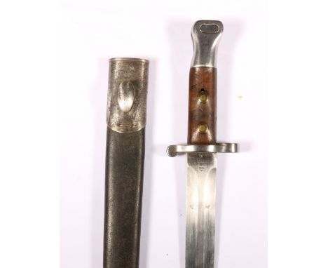 British sword bayonet pattern 1888 MK1 having medial ribbed blade coming to a spear point, the ricasso stamped crowned VR cyp