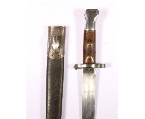 British sword bayonet pattern 1888 MK1 having medial ribbed blade coming to a spear point, the ricasso stamped crowned VR cyp