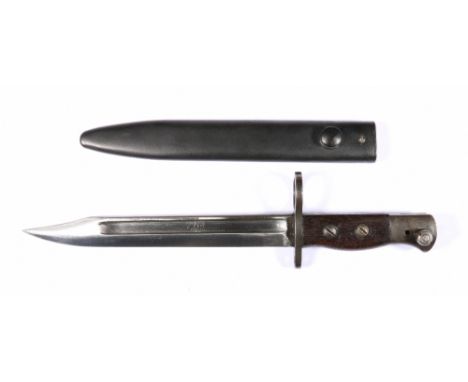 British No 5 MKI second pattern knife bayonet having deep fullered blade with ricasso stamped P1947, wood grip complete with 