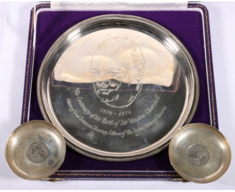 Sterling silver salver of circular form with beaded edge bearing inscription Sir Winston Churchill portrait to commemorative 