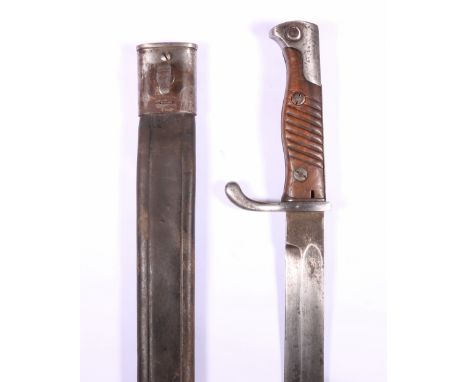 German bayonet Seitengewehr 98/05 pattern having scroll quillion, hatched wood grip and fullered blade with ricasso stamped A