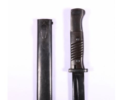 German WWII knife bayonet made in blued steel having hatched grip and fullered blade with ricasso stamped q 9688 41 fnj compl