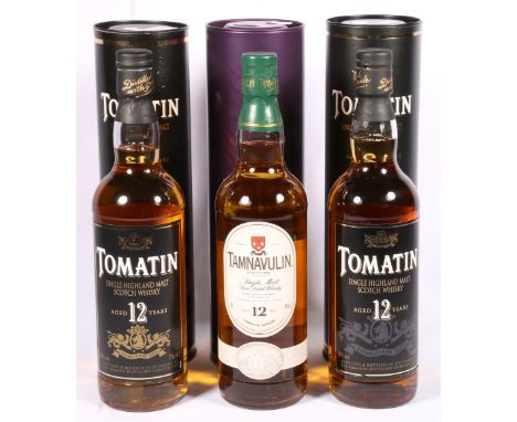 Two bottles of TOMATIN 12 year old Highland single malt scotch whisky 70cl, 40% vol, and TAMNAVULIN 12 year old Speyside sing