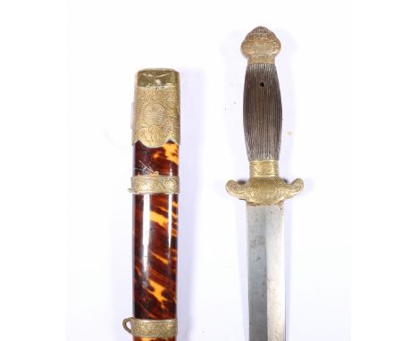 20th century Chinese short sword having brass mounts, fluted loose grip and tortoiseshell scabbard, sword length 56cm