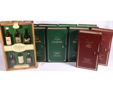 Collection of single malt scotch whisky miniature gift sets including THE SINGLES BAR x2, THE MALT ENCYCLOPEDIA x7, and THE P