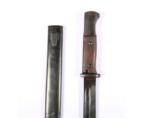 German knife bayonet model S84/98 (Seitengewehr 84/98) having blued steel fullered black coming to a spear point with ricasso